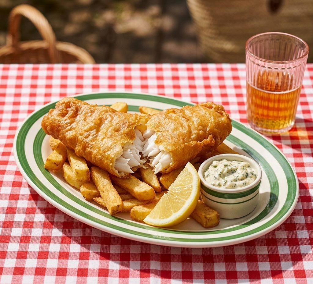 Golden beer-battered fish with chips