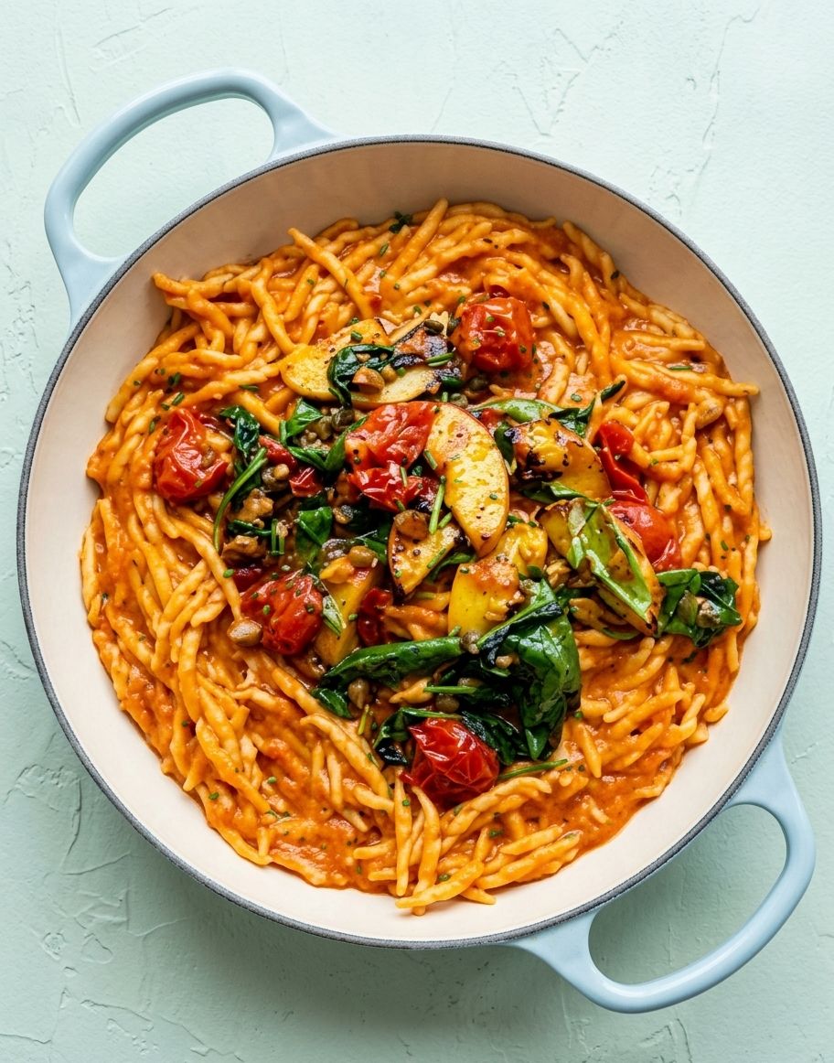 Roasted peach, tomato and miso pasta