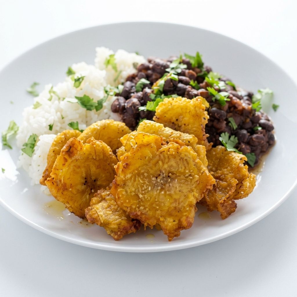 Garlic Tostones: Puerto Rican Fried Plantains with Rice and Beans
