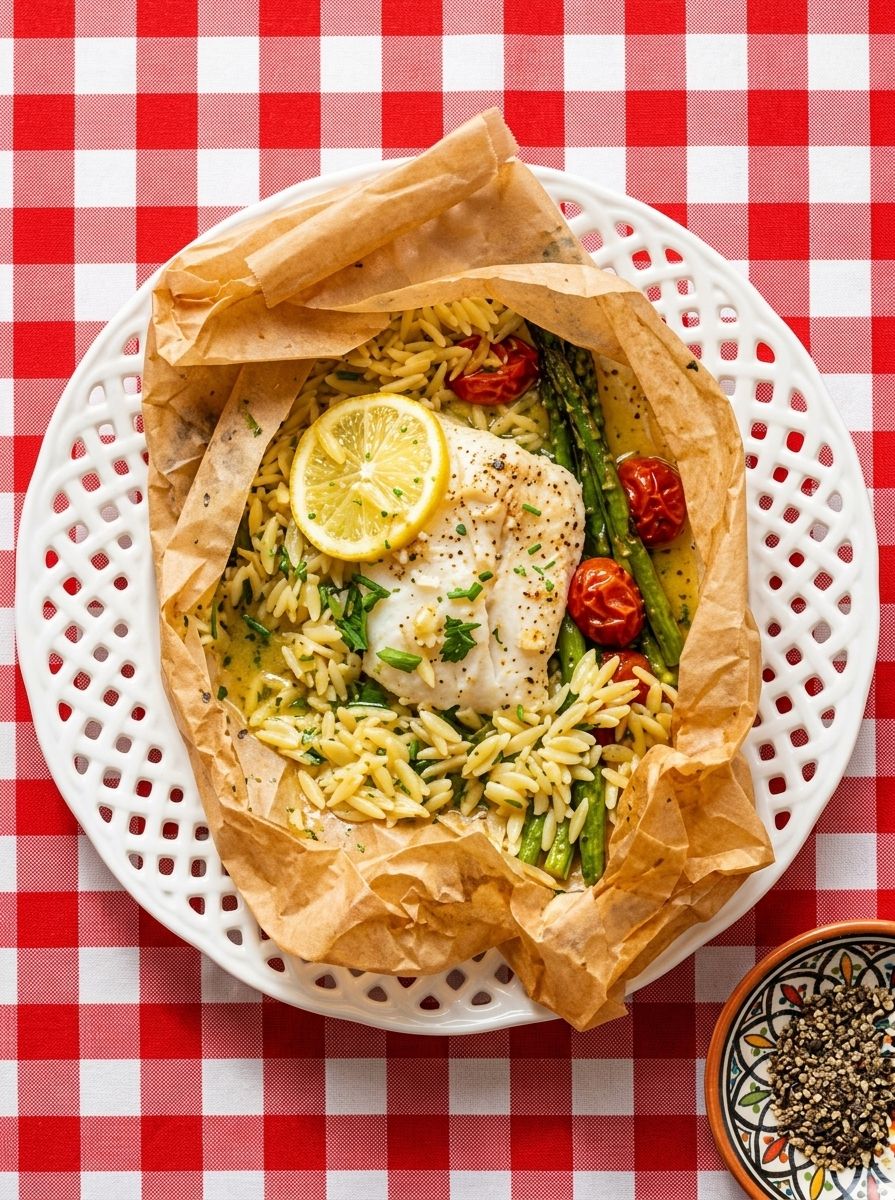 Garlic Butter Orzo and Cod Parchment Packets