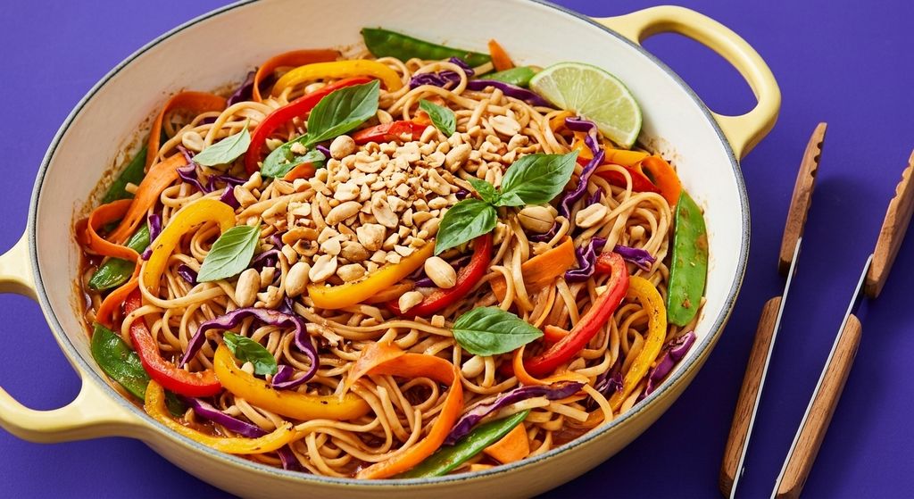 Rainbow Vegetarian Pad Thai with Peanuts and Basil