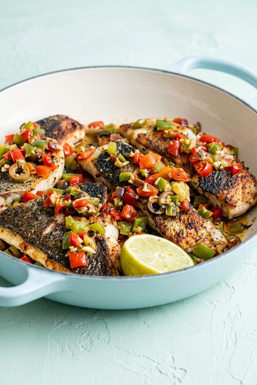 Mediterranean Pan Seared Sea Bass Recipe with Garlic Bell Pepper Medley