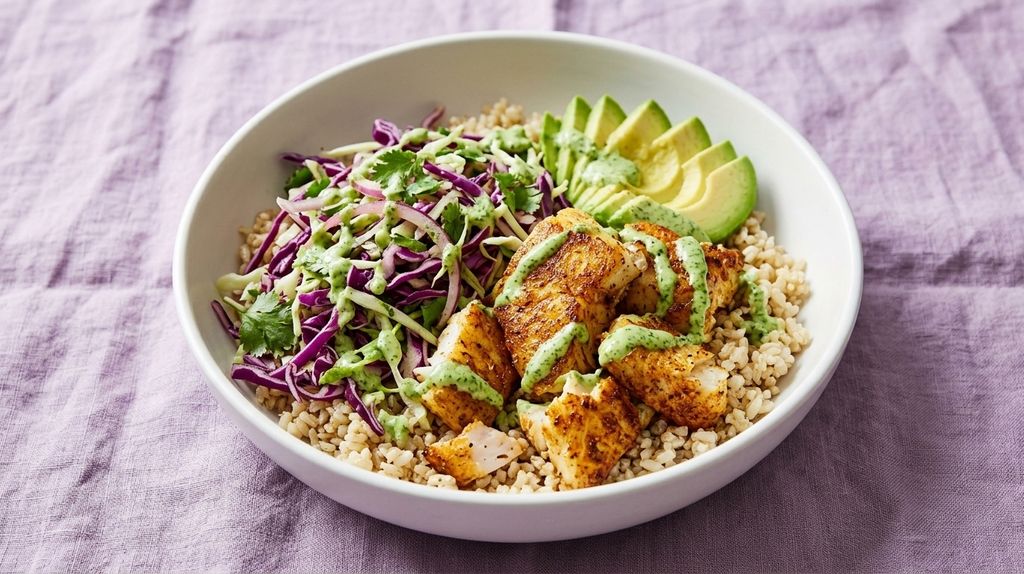 Spicy Fish Taco Bowls with Cilantro Lime Slaw