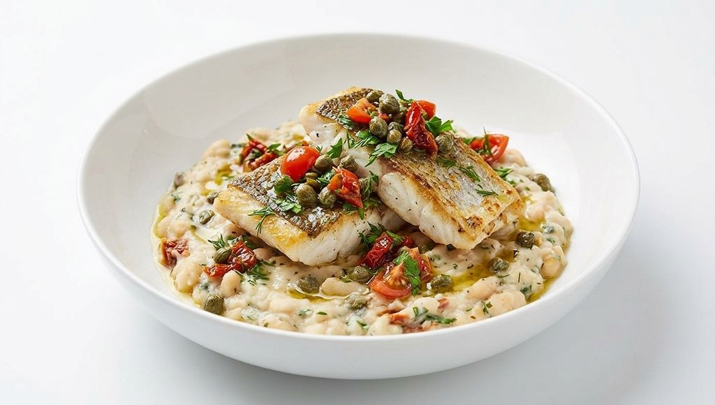 Hake with Capers and White Bean Mash