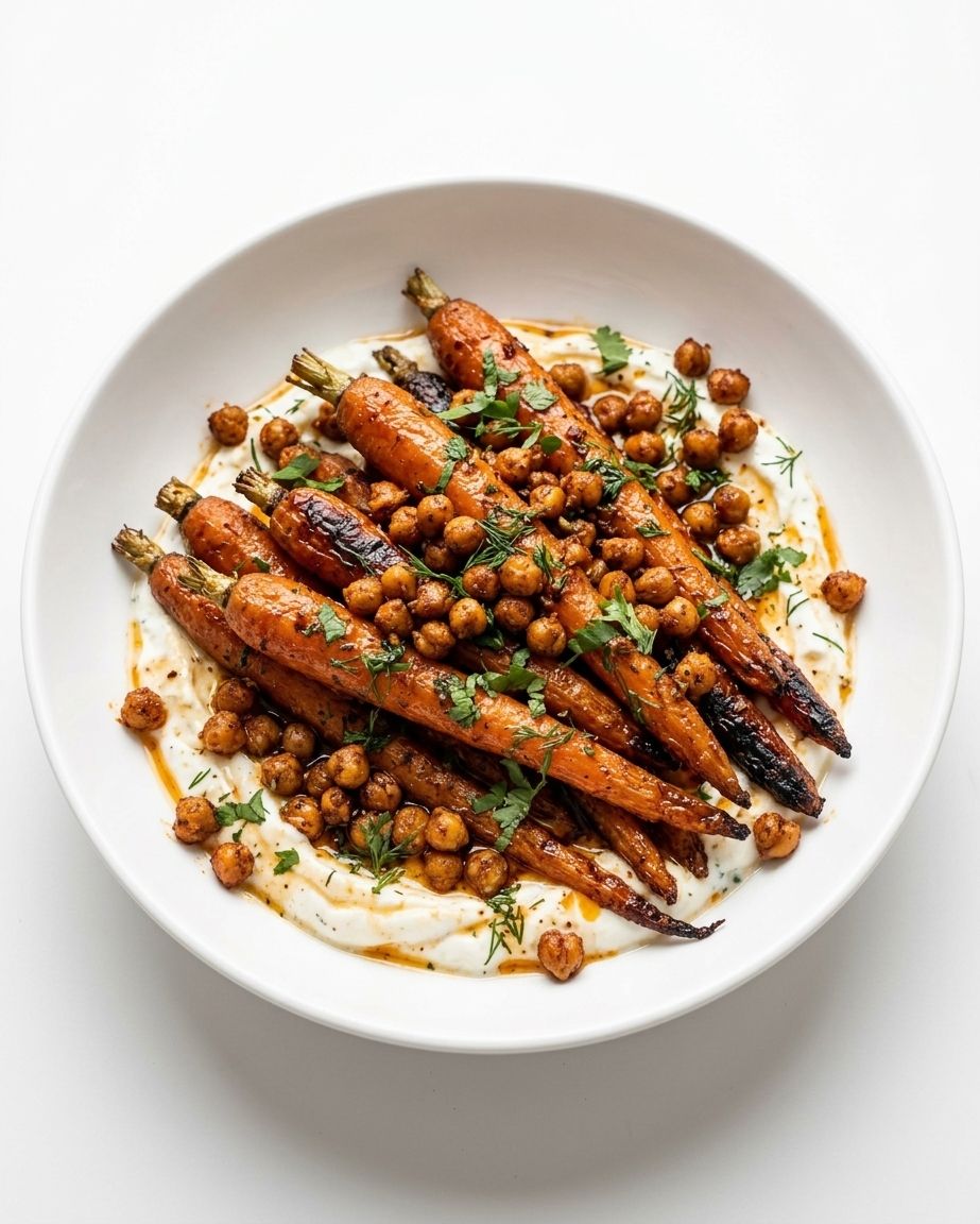 Spicy maple roast carrots with crispy chickpeas and yogurt sauce