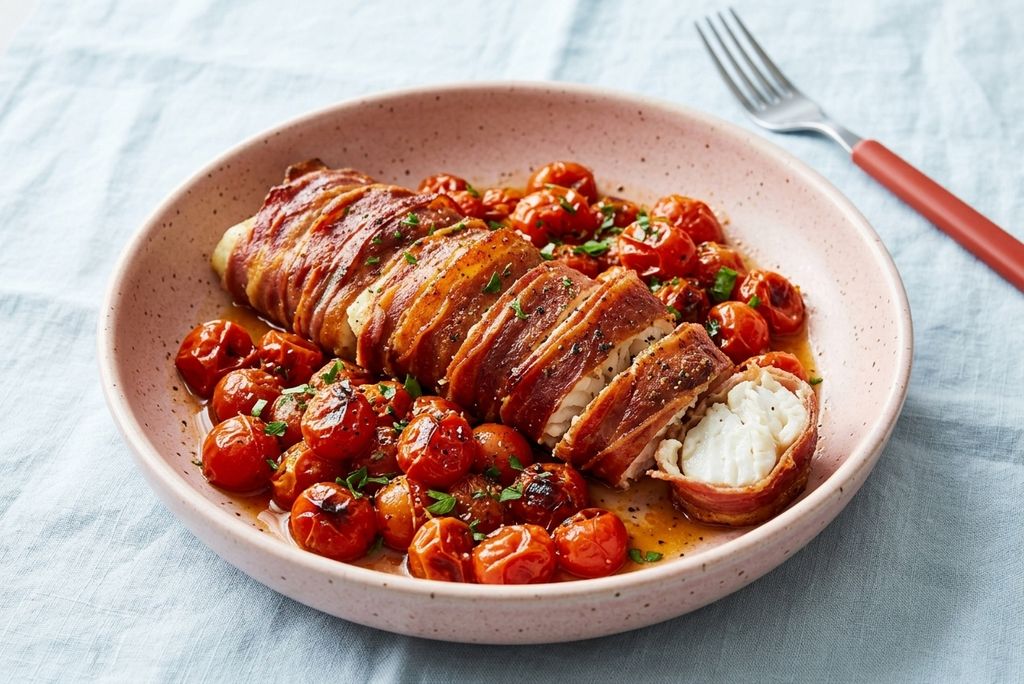 Baked Cod Wrapped in Prosciutto with Cherry Tomatoes