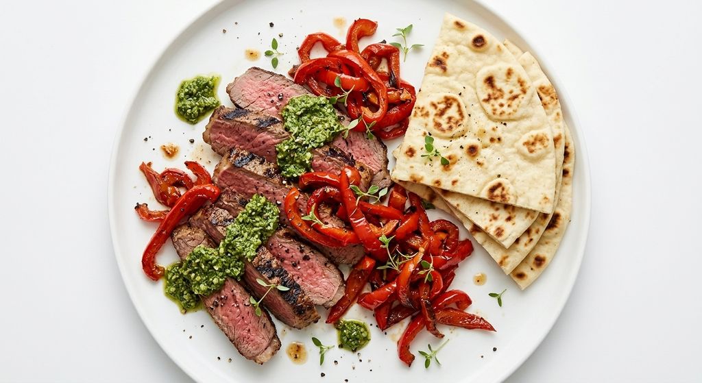 Sirloin Steak with Pesto, Bell Peppers (Capsicum) & Flatbread
