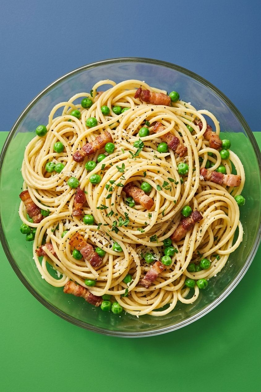 Simple Pancetta Pasta with Peas and Parmesan