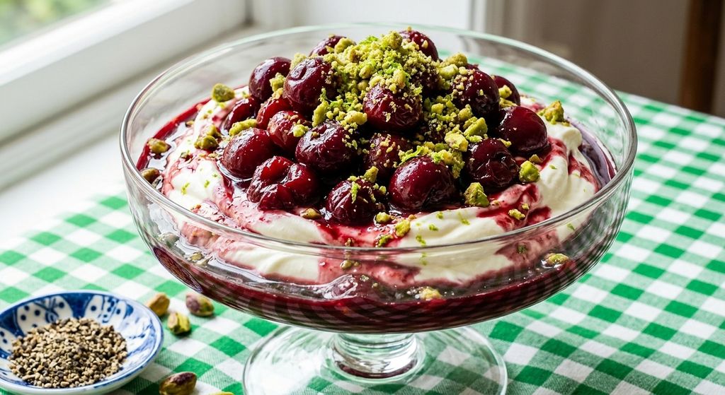 Roasted cherries with yoghurt cream and pistachio lime crumble