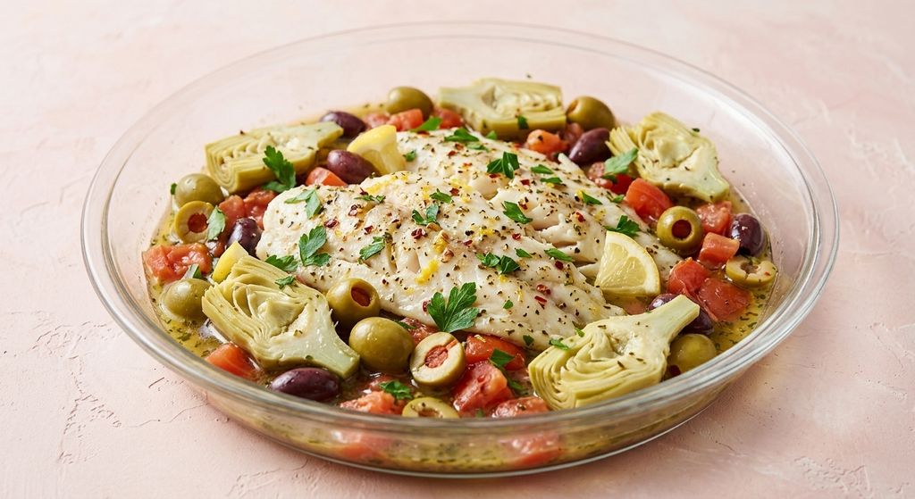 One-Pan Mediterranean Haddock with Artichoke Hearts and Olives