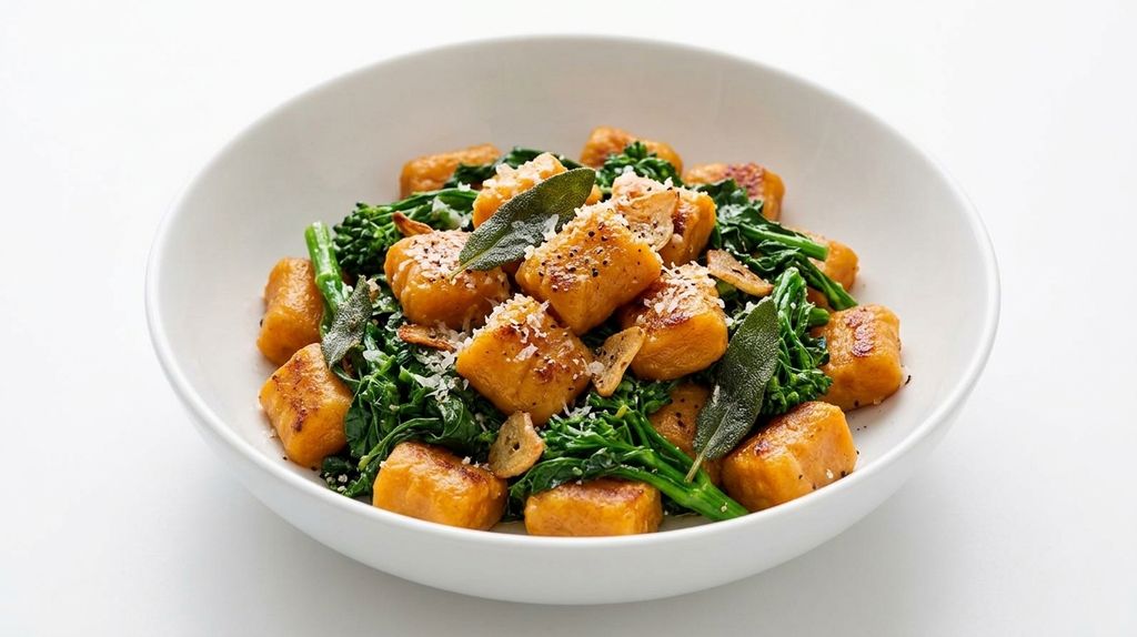 Sweet Potato Gnocchi with Broccoli Rabe and Garlic Sage Butter Sauce