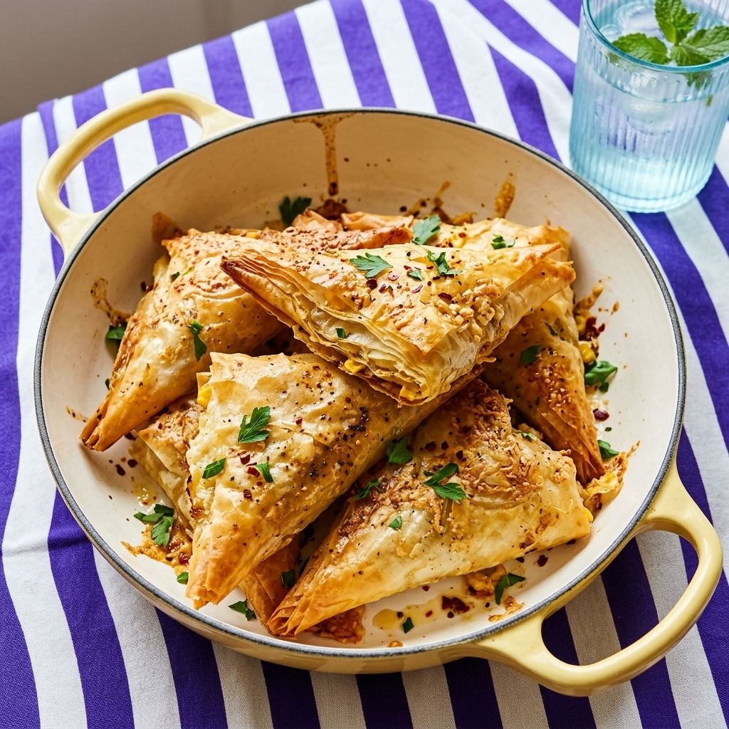 Brown butter corn and cheese filo pies