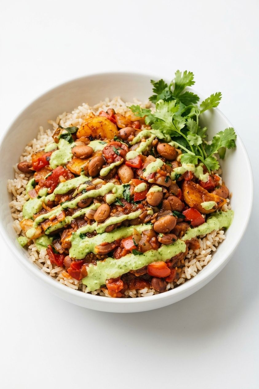 Plantain and Pinto Stew with Aji Verde