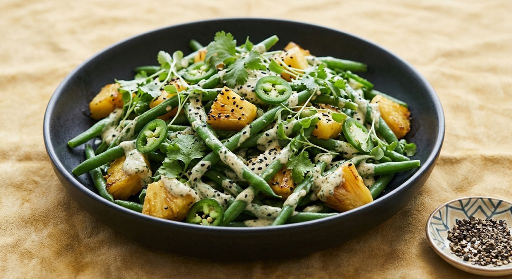 Green beans and roasted pineapple with jalapeno dressing